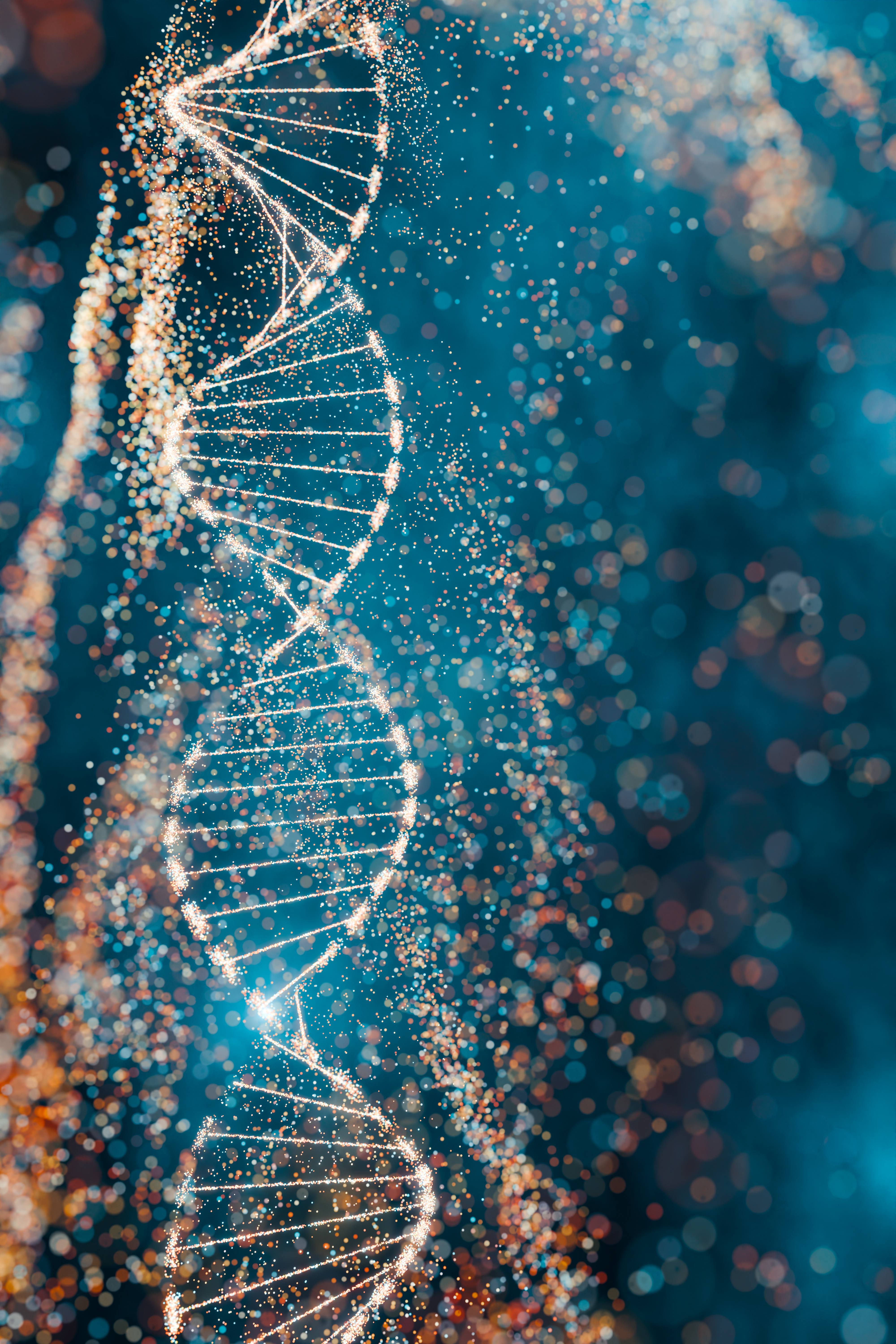 3D illustration of a DNA molecule with sparkling effects symbolizing complexity and genetic diversity. Futuristic concept of genomics, precision medicine, and computational life sciences. High-tech scientific background, innovative health research presentation, and biotechnological design