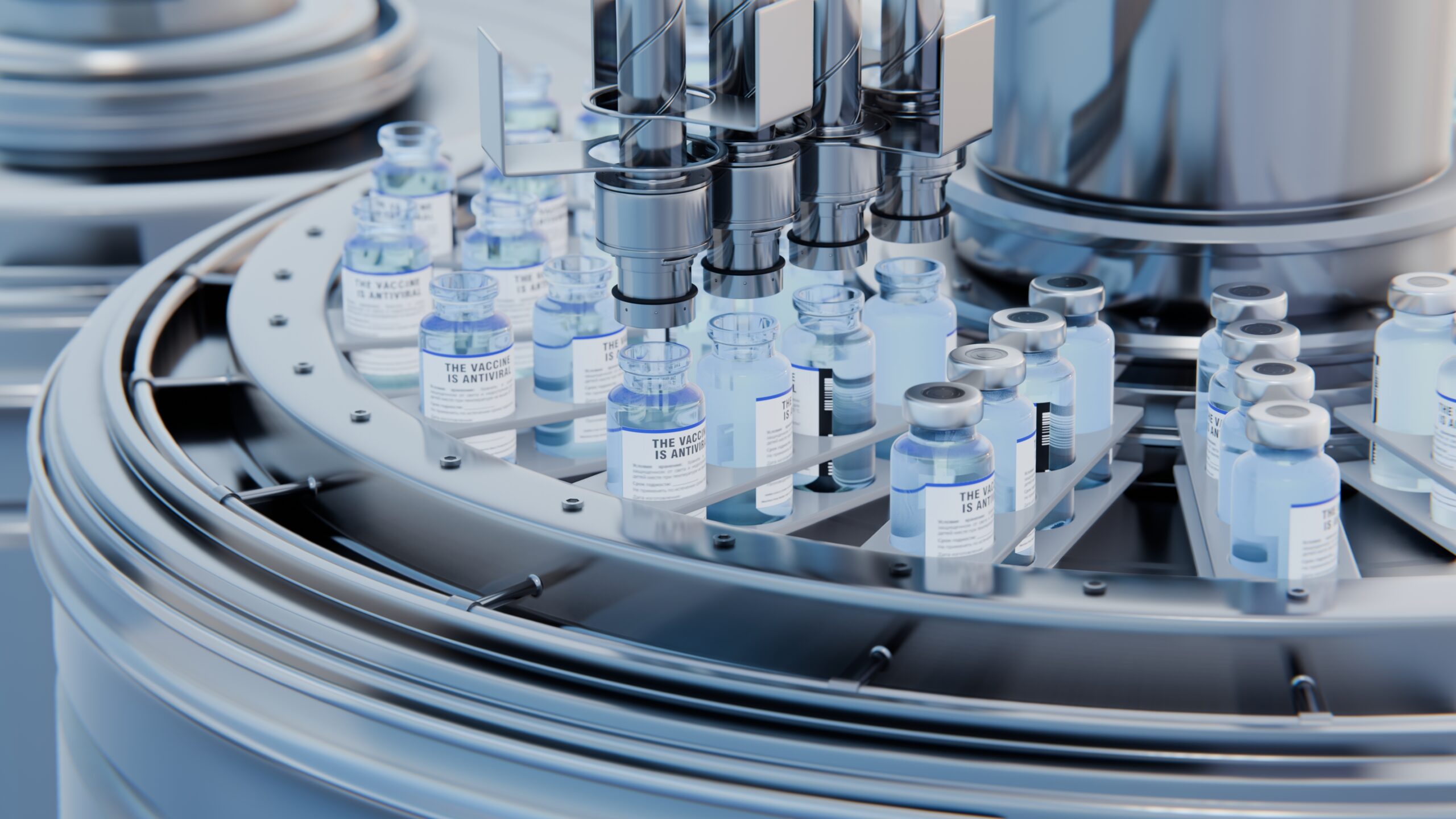 Drug manufacturing process. Line with medical ampoules line at a modern pharmaceutical plant. Pharmacology production, medicine industry from laboratory factory, pharmacy. 